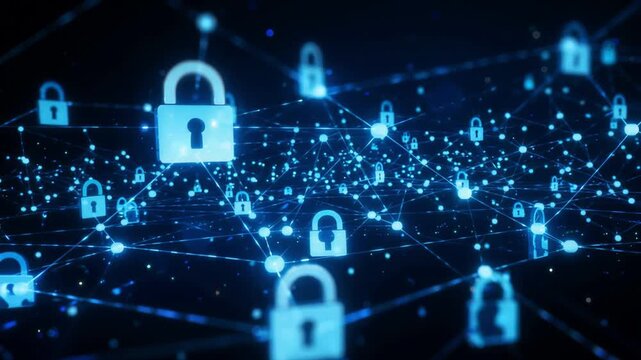 Glowing blue digital lock icons floating through a complex network connection animation in motion video