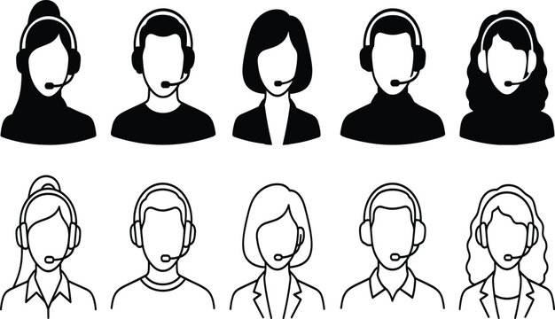 PrintCall center agents and customer service support vector silhouettes set featuring diverse operators with headsets   Call center agents and customer service support 