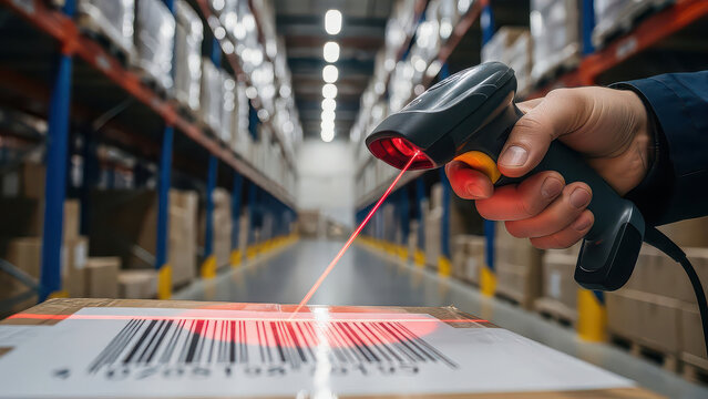 Warehouse Worker Scanning Barcode on Package.