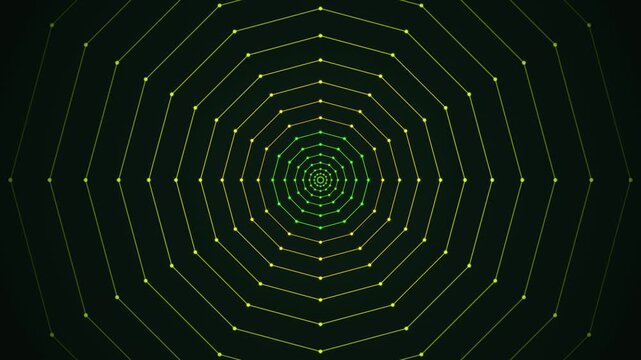 Abstract glowing green geometric concentric wireframe tunnel polygon rings expanding and rotating seamless loop animation