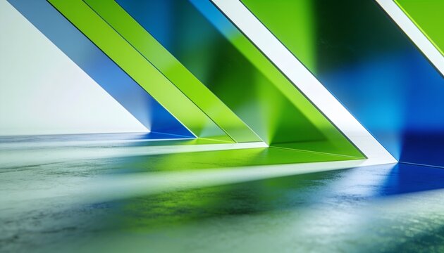 Framing green and blue triangular arches receding through gallery corridor, with illuminated edges