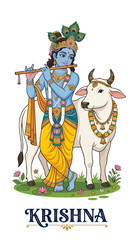 Fototapeta premium Lord Krishna playing flute with sacred cow vector illustration