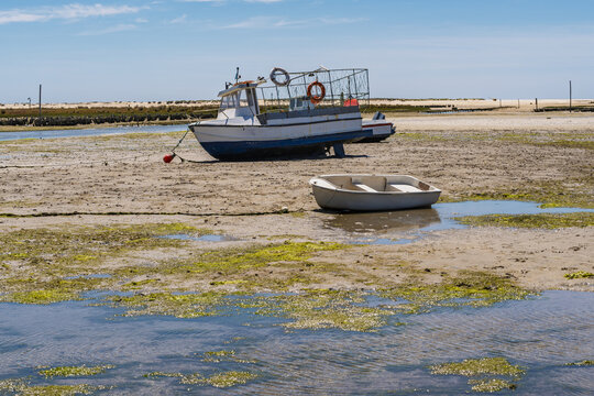 View of fishing boats stranded on the mudflats at low tide in the Ria Formosa lagoon near Tavira, Faro District, Portugal.