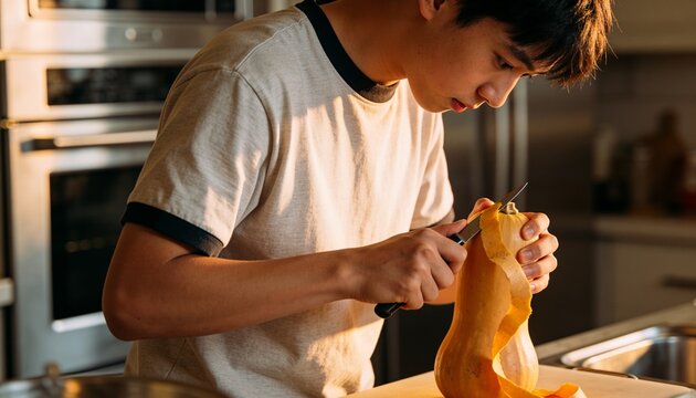 Peeling Asian man in ringer tee peeling butternut squash at kitchen counter, showing paring knife