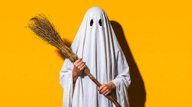 Person in White Ghost Costume Holding Broom Against Yellow Background