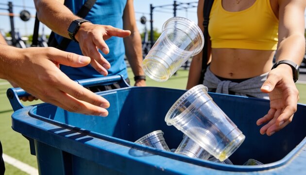 Dropping people filling blue recycling bin on outdoor turf with clear cups, wearing athletic tops