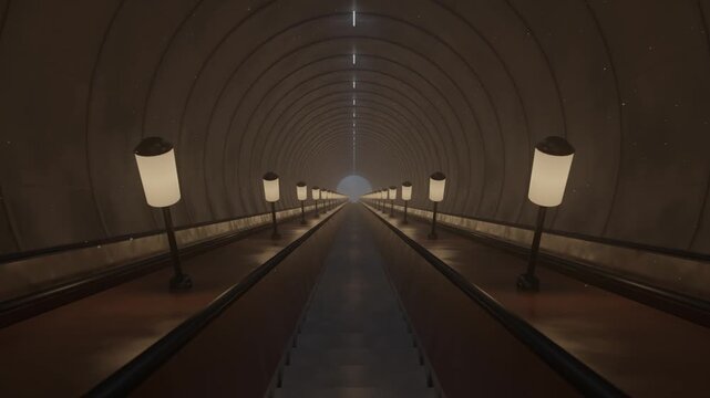 Moving forward on a metro escalator tunnel