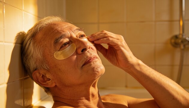 Reclining bare-chested senior Asian man adjusting gold under-eye hydrogel patch in tub, tiled wall