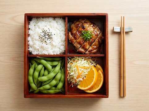 A wooden bento box containing fresh rice meat edamame beans salad and orange slices with chopstickspacked lunch ideas
 