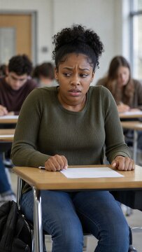Student experiencing intense anxiety and panic during an exam, gripping the desk while classmates continue writing, concept of academic pressure, test stress and mental health in education