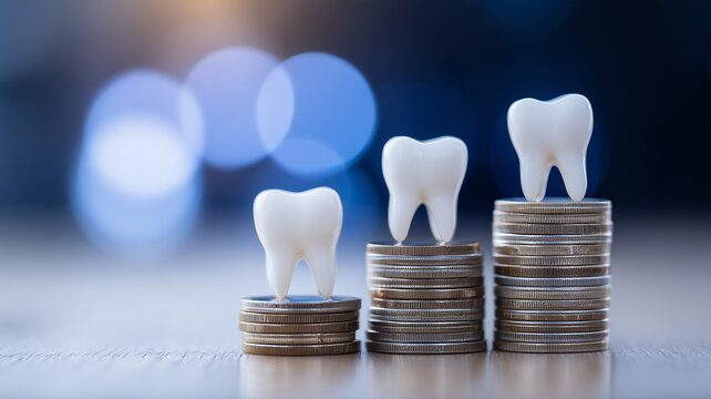 Teeth positioned on rising stacks of coins represent dental treatment costs and healthcare expenses.
