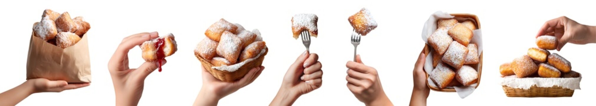 Set of hand holding Beignet choux dough pastry, square fried powdered sugar donuts doughnut, takeout brown bag, with jam dip, fork, basket with napkin, pile stack bitten, transparent cutout PNG Mockup