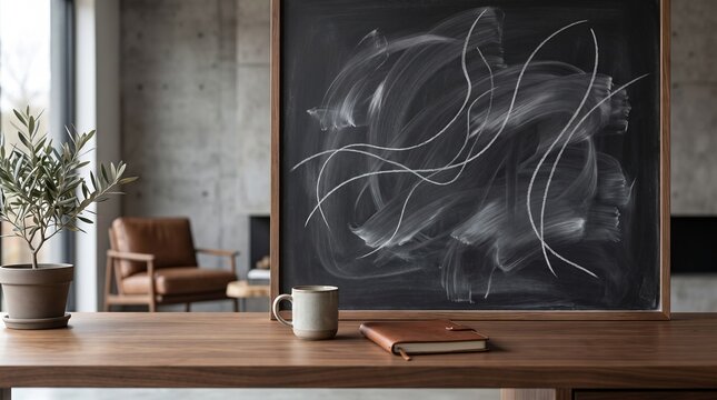 Chalkboard with White Chalk Scribbles on Wooden Desk