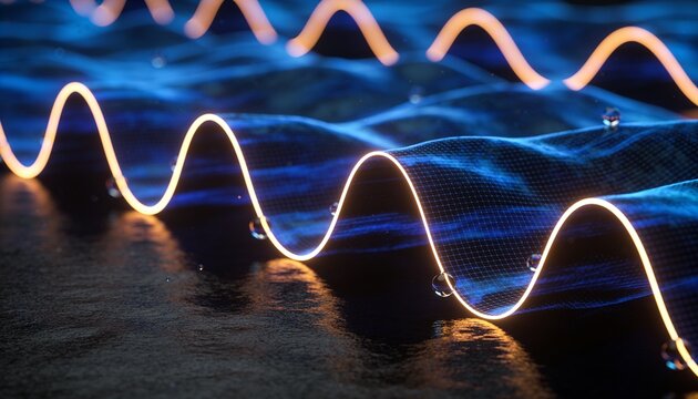 Glowing orange sinewave ribbon tracing curves on reflective floor, with blue mesh waves, droplets
