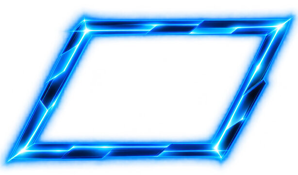 Glowing blue neon parallelogram frame isolated on transparent background