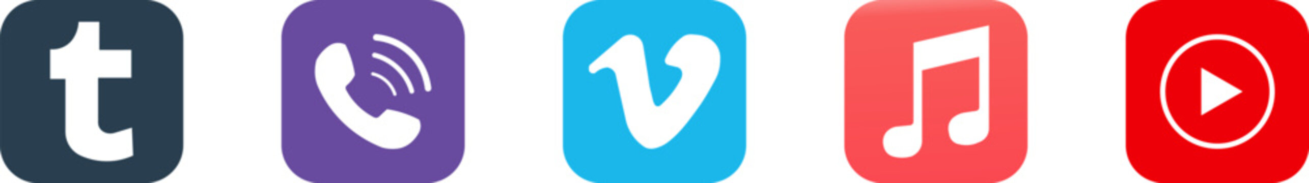 Assorted digital media and communication featuring tumblr, viber, vimeo, music, and play symbols arranged in a row on rounded squares