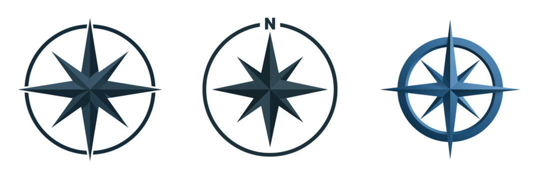Set of An ornate compass rose navigation symbol with layered directional points and classic maritime detailing, balanced symmetrical composition on transparent png background. Ai generated