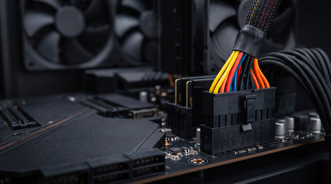 Multicolor power cables are securely plugged into the motherboard socket inside a dark computer chassis with cooling fans visible in the background during the setup of a custom desktop workstation