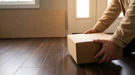 Fototapeta premium Close up of hands picking up cardboard parcel from dark wooden floor