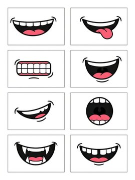 Collection of Cartoon Mouth Expressions and Smiles for Character Design, Featuring Various Emotions and Teeth Styles