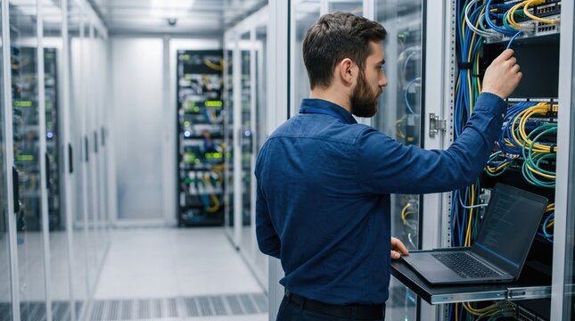 Data center technician connects cables inside a server rack while using a laptop to perform routine network maintenance and monitor system performance within a secure room during the workday