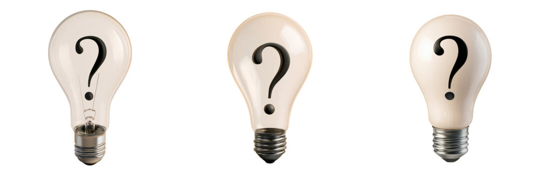 Set of Modern LED light bulb with a question mark symbol representing uncertainty, ideas, and problem solving on transparent png background. Ai generated