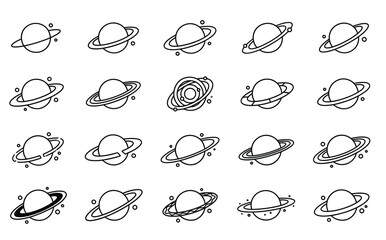 Saturn planet icon set with 20 vector line elements, minimalist celestial ringed planet symbols, black and white space astronomy graphics for web design © Mary