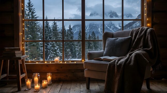 Warm winter cabin window with cozy armchair and snowy mountain view