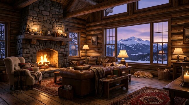 Warm winter cabin interior with a cozy fireplace and mountain view
