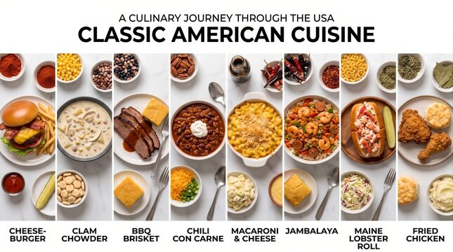 Classic American Cuisine Culinary Journey Infographic Banner: Cheeseburger, Clam Chowder, BBQ Brisket, Chili Con Carne, Macaroni and Cheese, Jambalaya, Maine Lobster Roll, and Fried Chicken Photo   