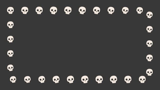 Animated frame of white skulls on a dark background