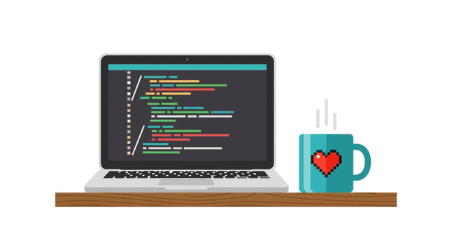 Flat Vector Illustration of a Laptop Displaying Code next to a Steaming Coffee Mug with a Pixel Heart, Highlighting Programming Passion and Workspace