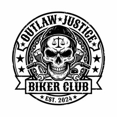 Fototapeta premium Outlaw justice biker club emblem with skull, motorcycle handlebars, and wrenches in vintage black and white tattoo style illustration
