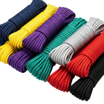 Colorful paracord ropes coiled and arranged in a row isolated on transparent background