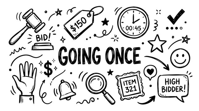 Hand drawn doodle auction elements with gavel, price tag, clock and going once text