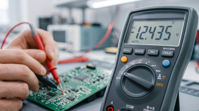 Close up of hands using multimeter probes to check voltage on a circuit board at a test bench to ensure correct electronic function within a professional engineering workshop environment