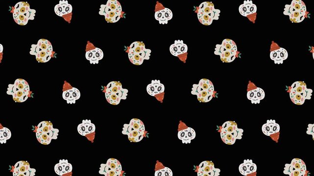 Seamless pattern of animated sugar skulls on black background