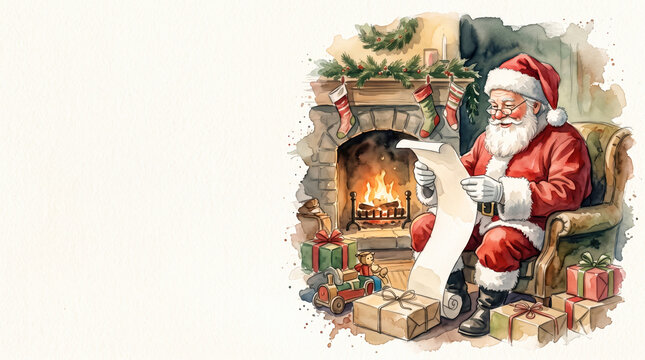 Santa Claus sits in an armchair by a lit fireplace on Christmas Eve reading a long scroll of paper with many colorful gifts piled on the floor around him in a festive indoor scene during the holidays