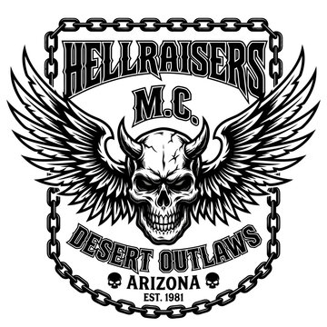 Hellraisers MC Desert Outlaws Arizona Biker Club Emblem with Horned Skull and Wings Vector Illustration