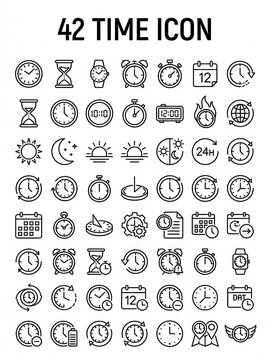 Set of 42 Minimalist Time and Clock Line Icons for Web and Mobile UI Design, Including Calendars, Hourglasses, and Alarms