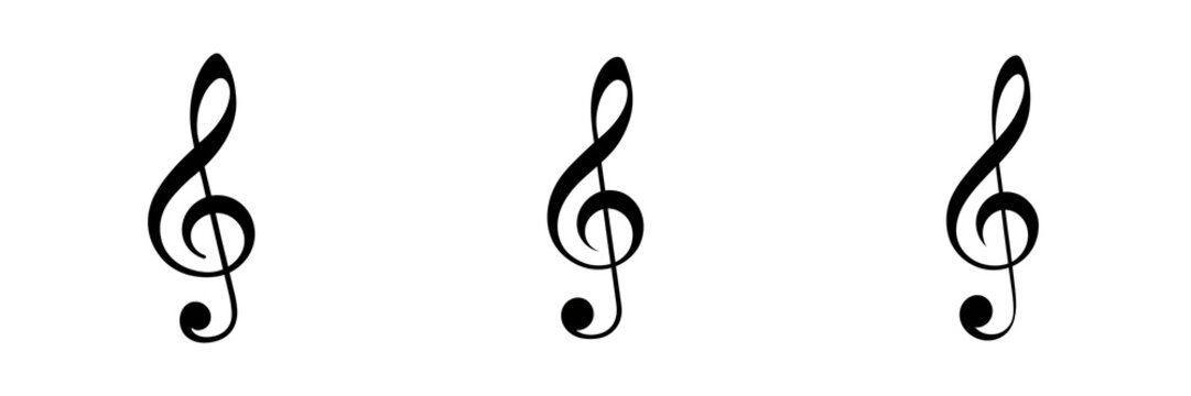 Set of Classic black treble clef icon, elegant music symbol with smooth curves, crisp detailed design, realistic printed appearance on transparent png background. Ai generated