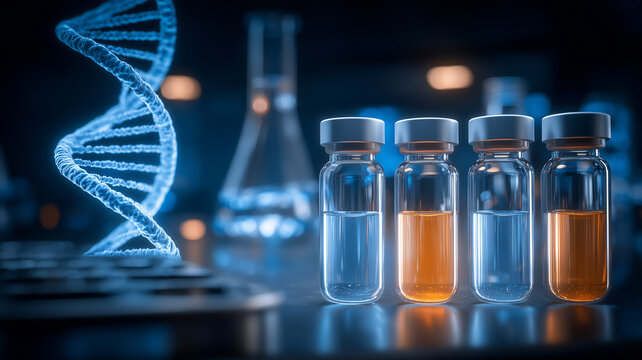 A DNA helix beside laboratory vials represents vaccine development and modern biotechnology research.
