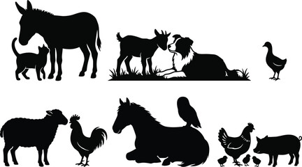 Fototapeta premium PrintFarm animals vector silhouettes set featuring donkey, goat, dog, sheep, rooster, horse, owl, chickens, and pig Farm animals vector silhouettes set featuring 