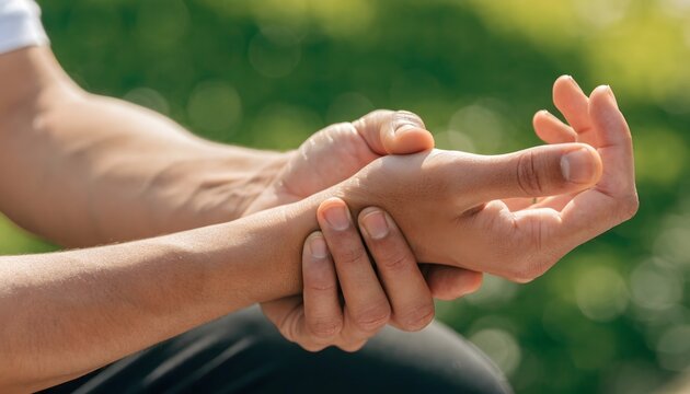 Wrist joint pain and carpal tunnel syndrome outdoors. Ergonomic strain and physical discomfort care. Man holding his aching wrist while sitting outside