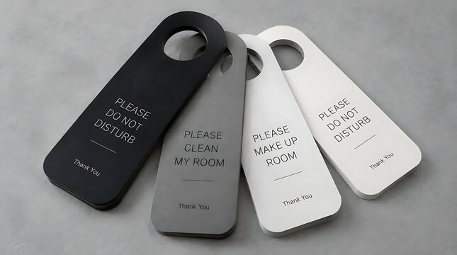 Set of Minimalist Hotel Door Hangers in Black Grey and White Colors with Please Do Not Disturb and Please Clean My Room Text Messages for Hospitality Service and Guest Accommodation Privacy
