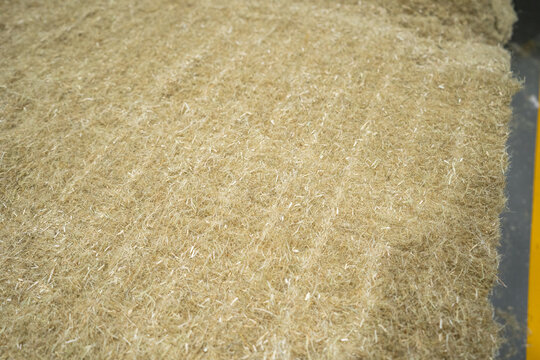View of natural hemp fiber insulation material with a textured fibrous surface Berlin, Berlin, Germany.