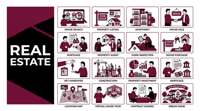 Real estate infographic set with flat vector icons of property business processes