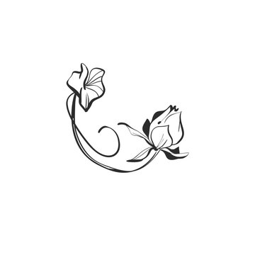 Elegant Two Flower Botanical Flourish with Curved Stems, Hand Drawn Floral Ornament Black Line Art Vector for Tattoo, Wedding Invitation and Decorative Design