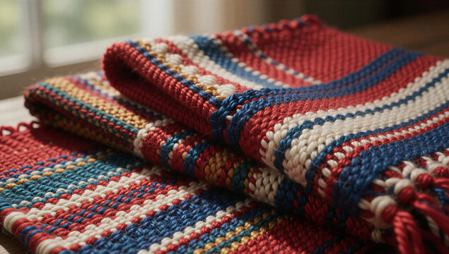Macro Woven Textile Fabric with Red Blue and White Stripes in Soft Natural Window Light Texture