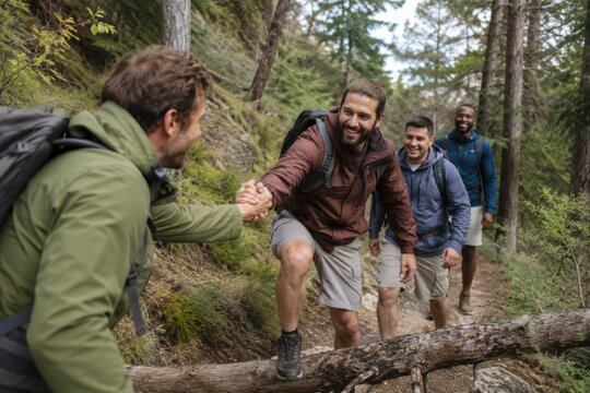 Group of four male hikers assisting each other while traversing a forest trail, with trees and greenery surrounding the rocky path